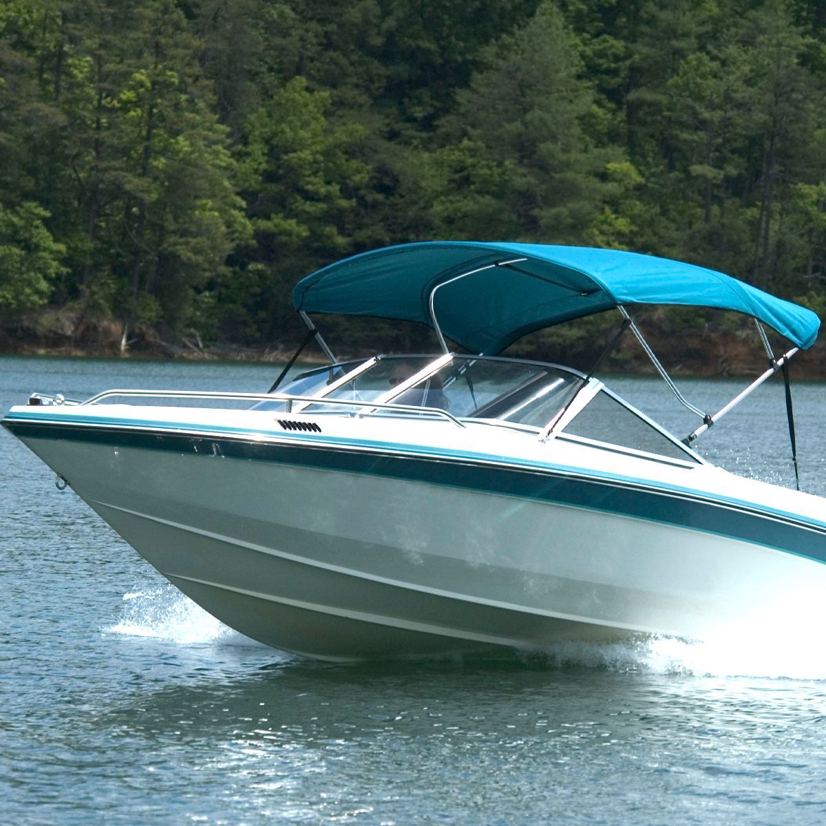 White motorboat with blue trim and canopy speeding across water.