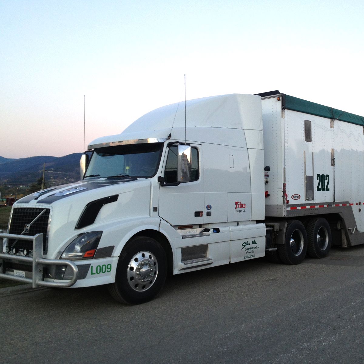 White semi-truck with trailer, parked on a road.