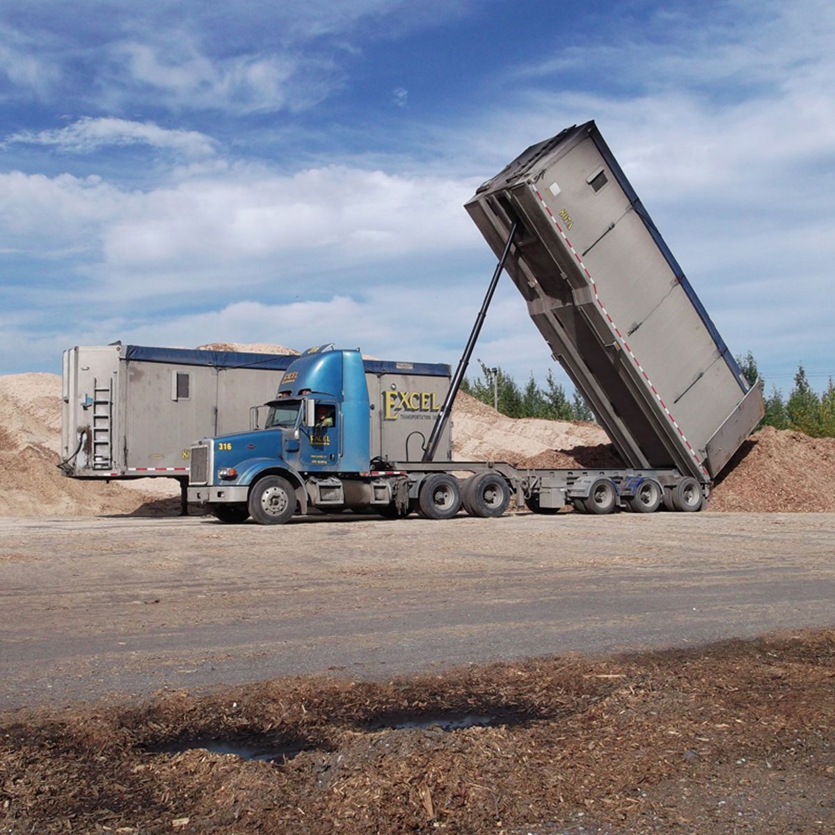 Blue semi-truck dumping contents into a pile of woodchips under a partly cloudy sky.