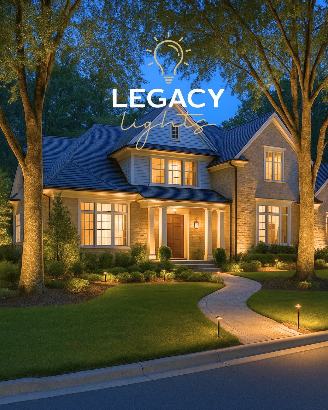 Elegant home illuminated by landscape lighting at dusk.