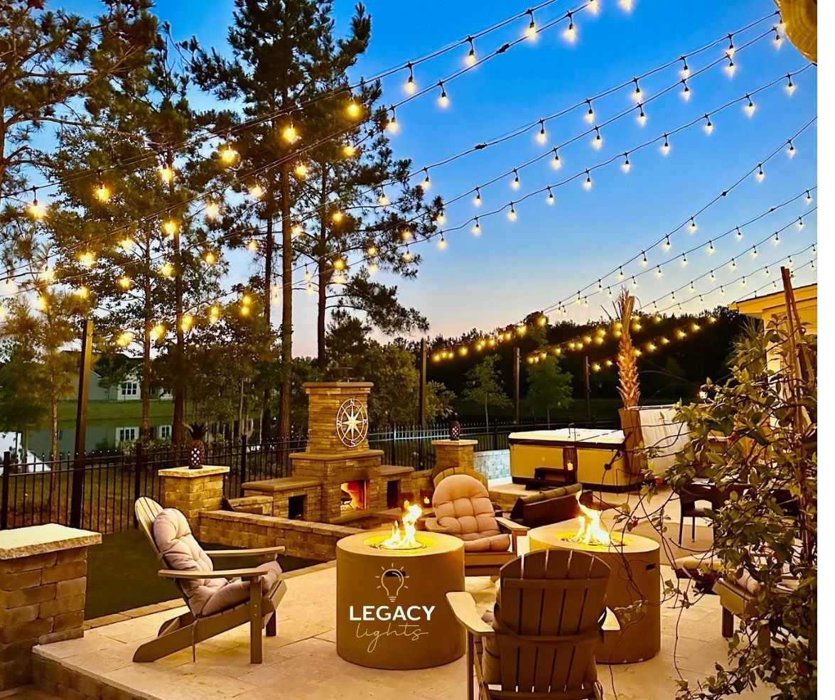 Outdoor patio with string lights, fire pits, fireplace, and seating at dusk.