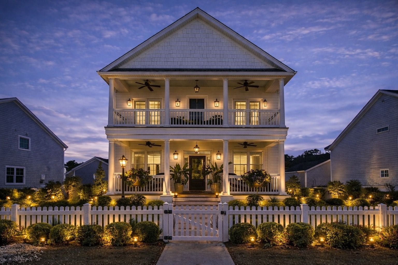 A house at night, illuminated by landscape lights. The lawn is green, trees are lit, and the sky is dark.