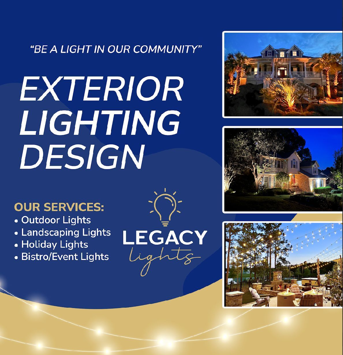 Backyard with string lights, brick patio, and house at night; Legacy Lights logo.