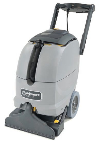 A carpet cleaner with wheels and a handle on a white background.