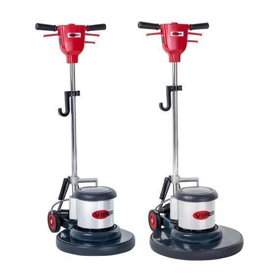 Two floor polishers are sitting next to each other on a white background.
