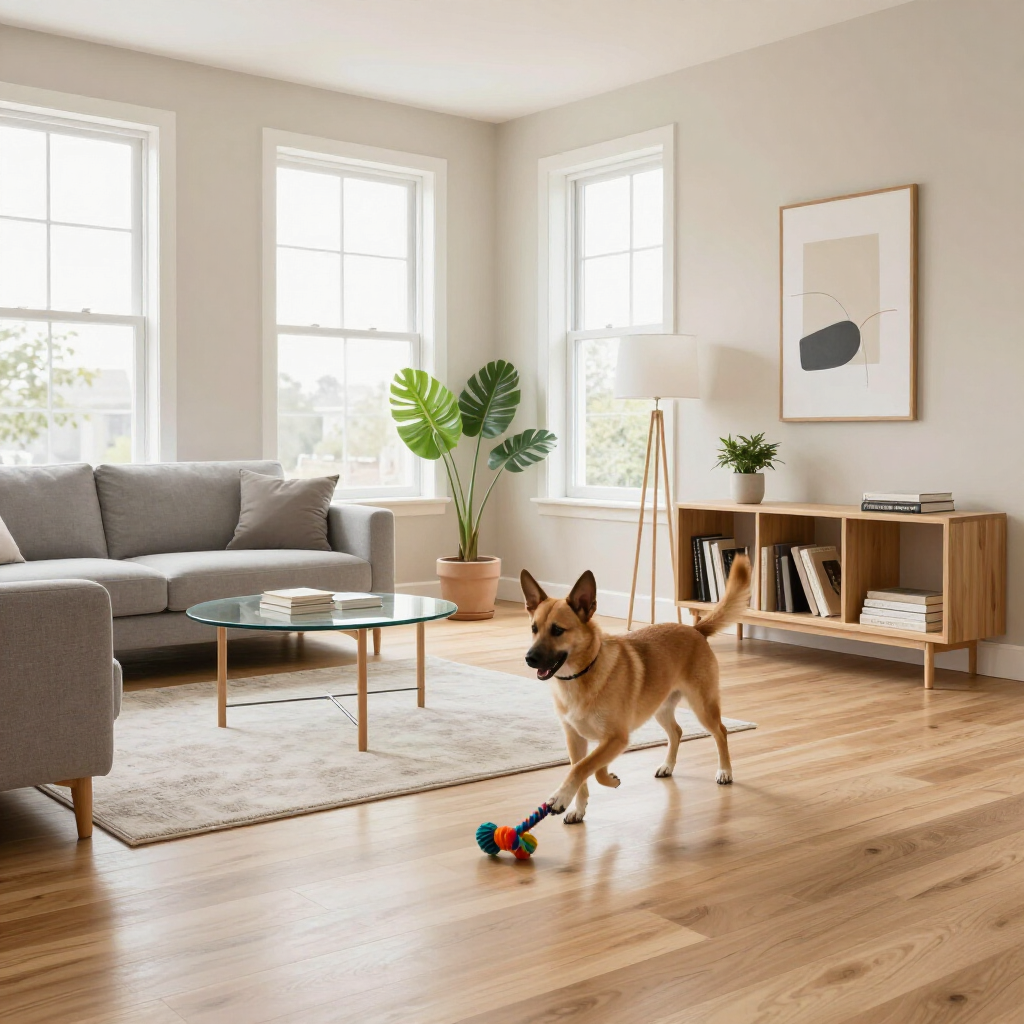 Brown dog playing with a toy in a bright living room with gray sofa and wooden floor