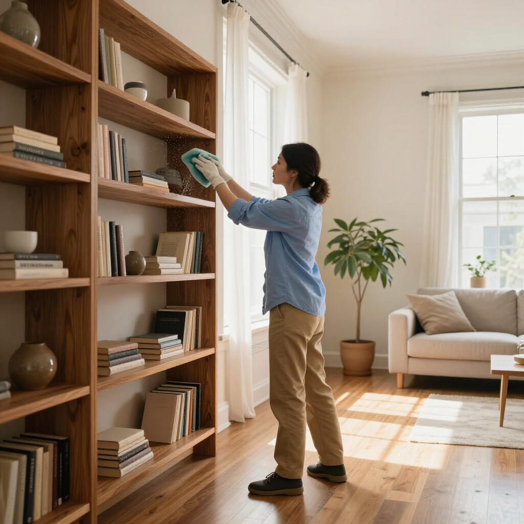 Person organizing books on a wooden shelf in a sunlit living room
