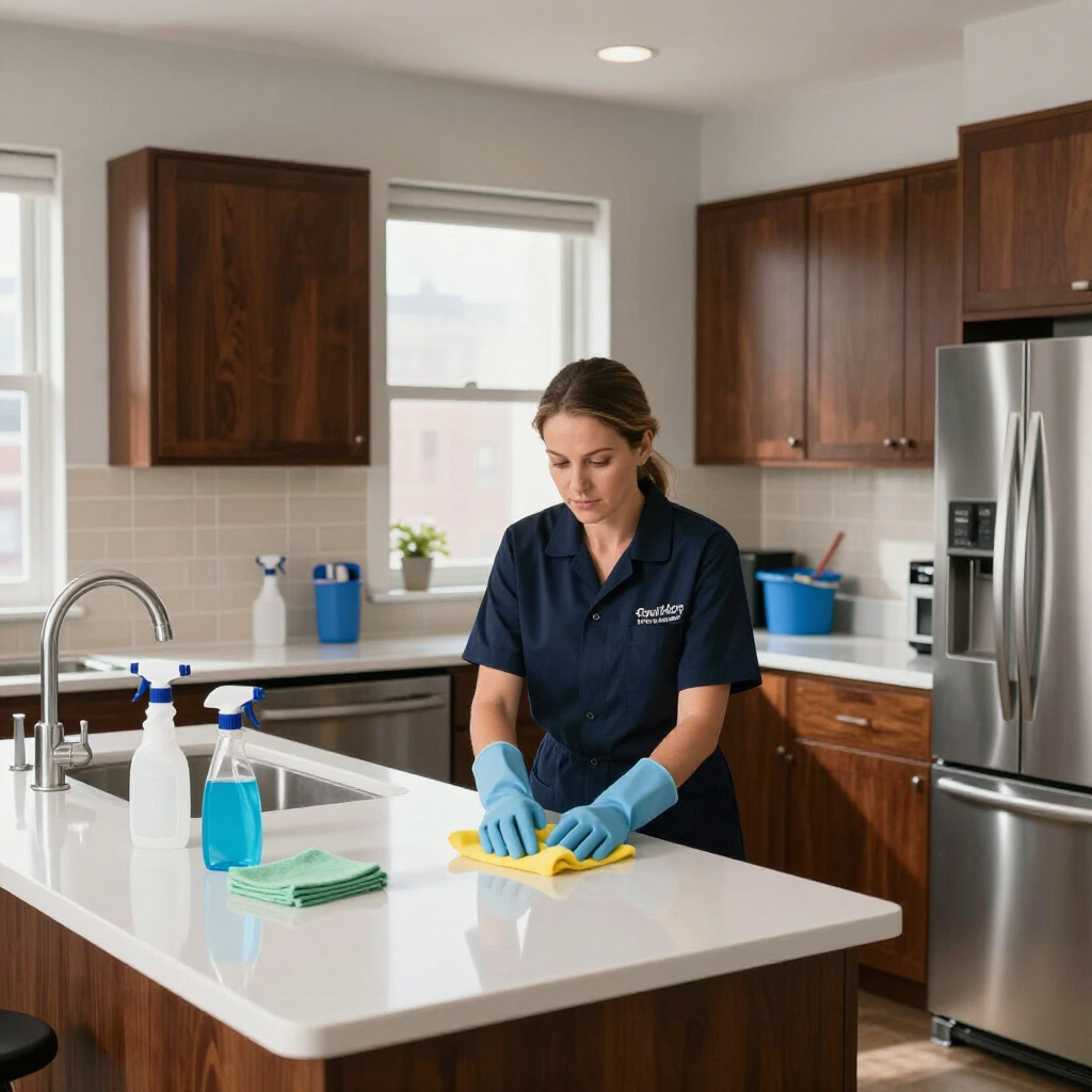 Woman cleaning a kitchen counter with spray bottle and cloth in a modern kitchen
