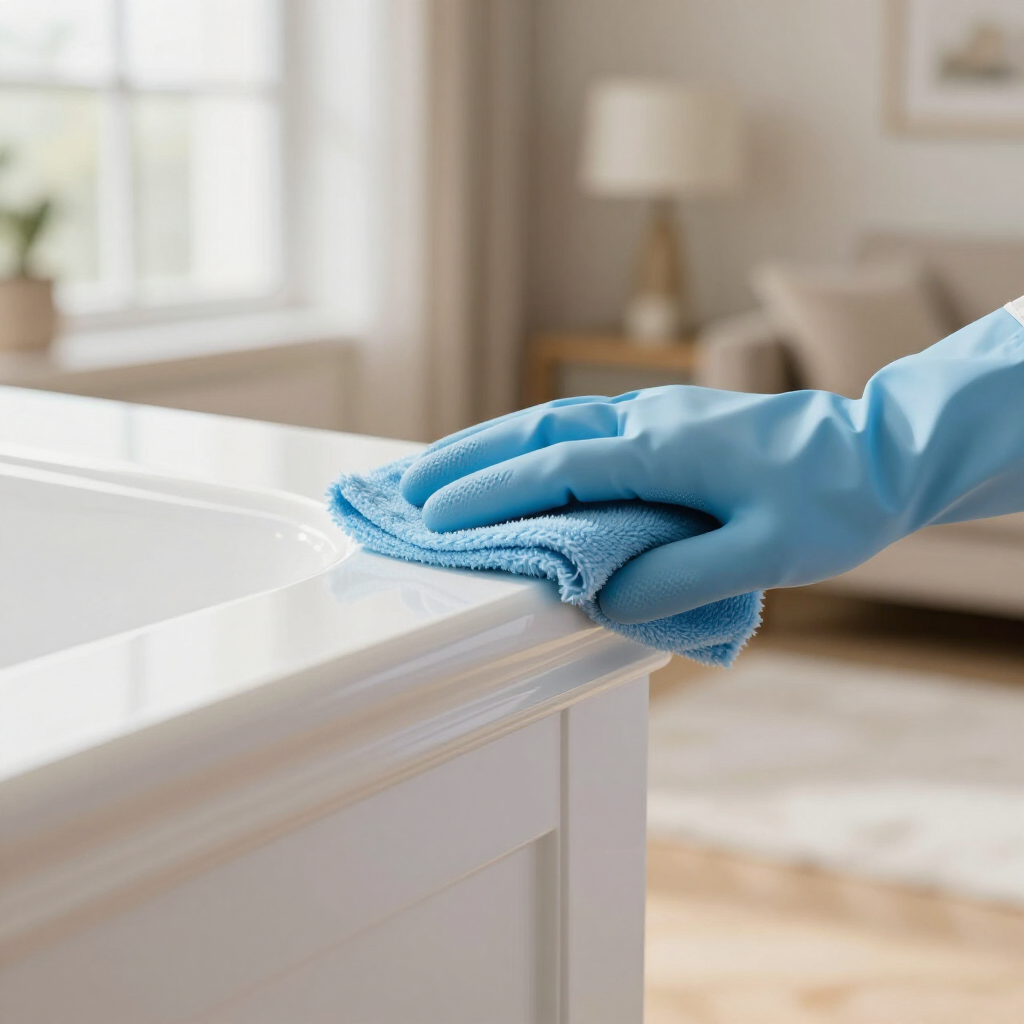 Blue-gloved hand wiping a white countertop with a blue cloth in a bright home interior