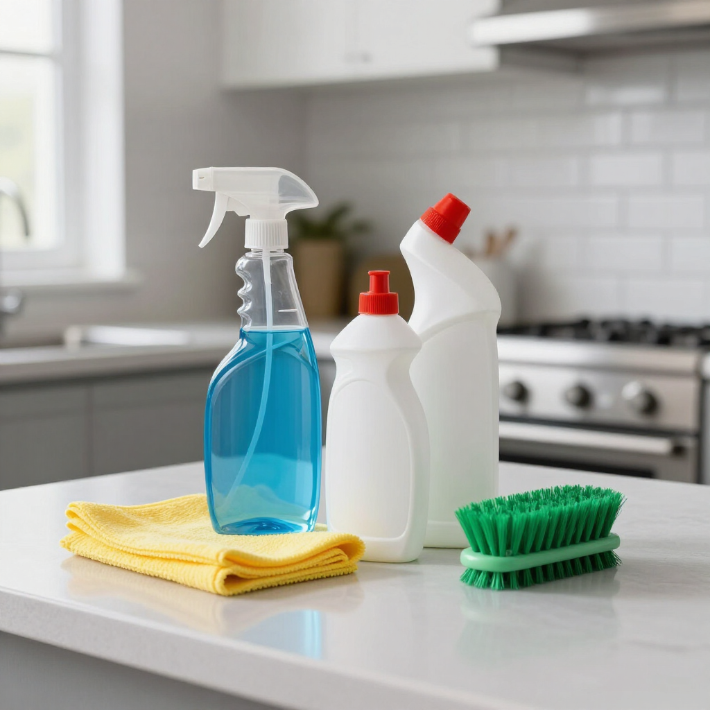 Cleaning supplies on a kitchen counter: blue spray bottle, white bottles, yellow cloth, and green scrub brush.