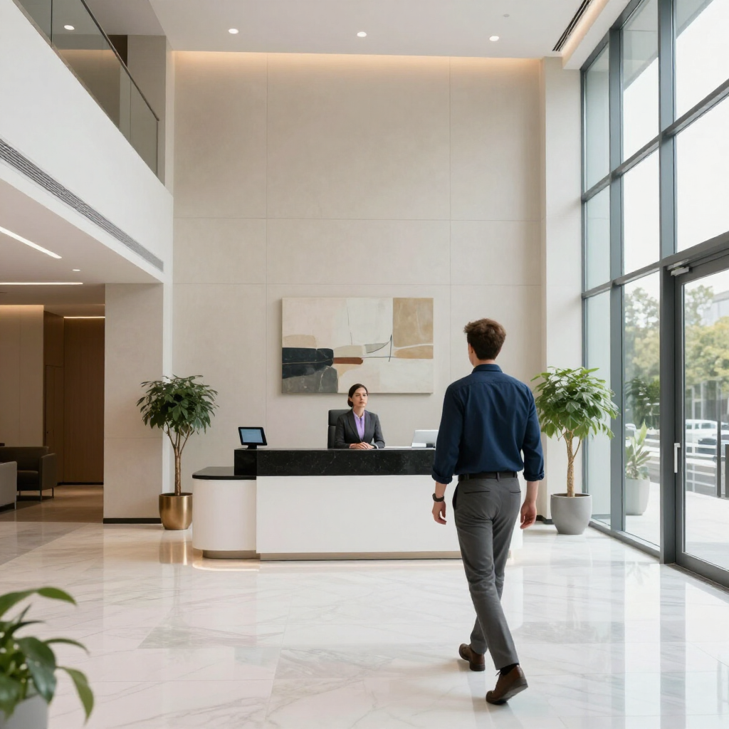 Bright office lobby with a receptionist at a desk and a person walking toward the counter.