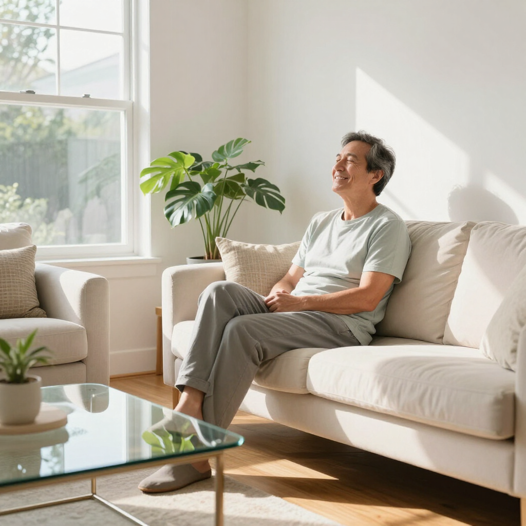 Man sitting on a beige sofa in a bright living room with sunlight, a plant, and a glass coffee table.