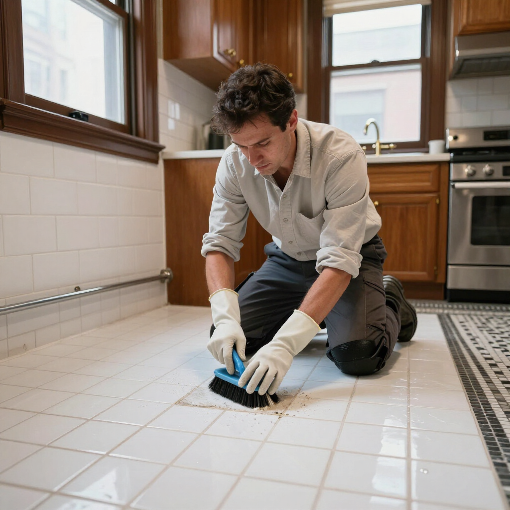 Person scrubbing white kitchen floor tiles with a brush and gloves