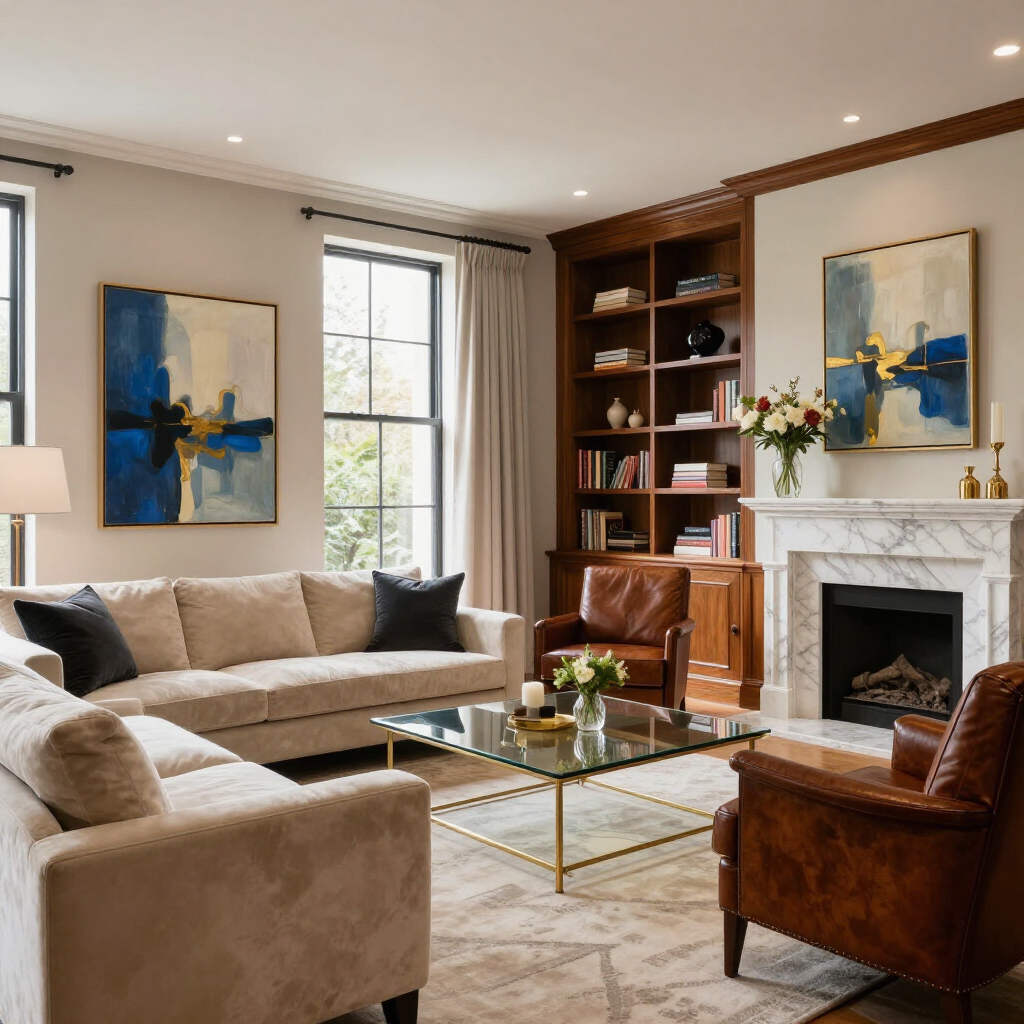 Elegant living room with beige sectional, leather chairs, fireplace, and blue abstract art
