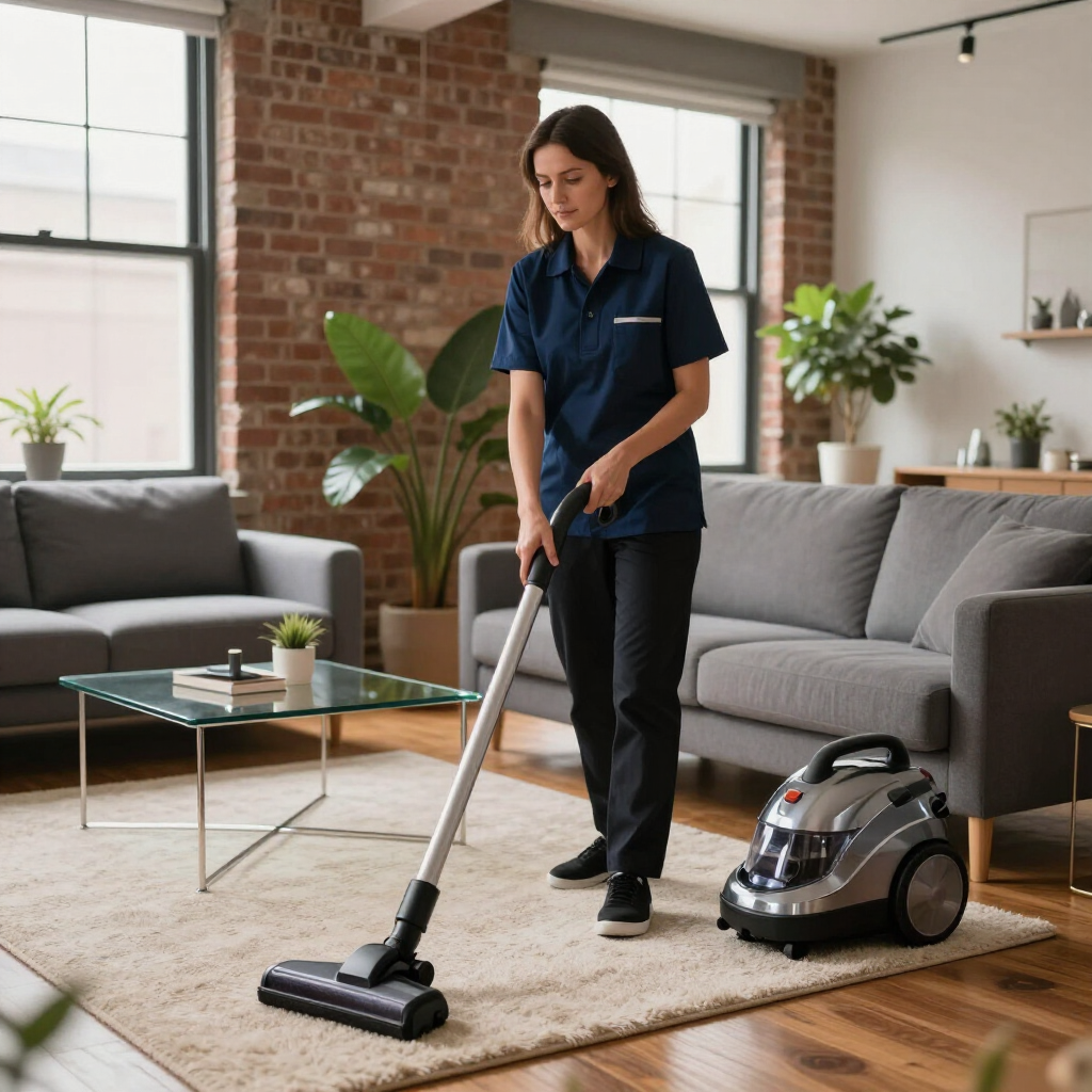 Cleaner vacuuming a rug in a bright living room beside a canister vacuum