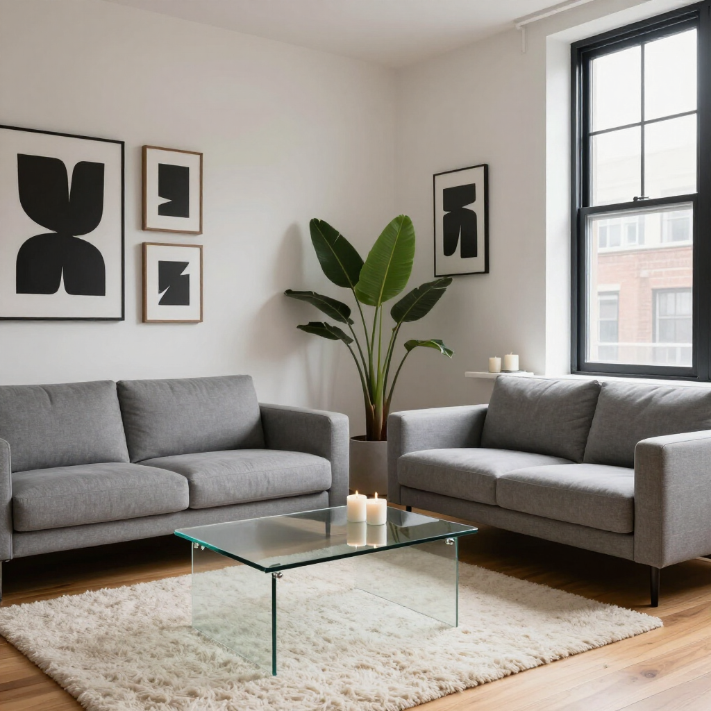 Bright living room with two gray sofas, glass coffee table, beige rug, and large window by a potted plant.