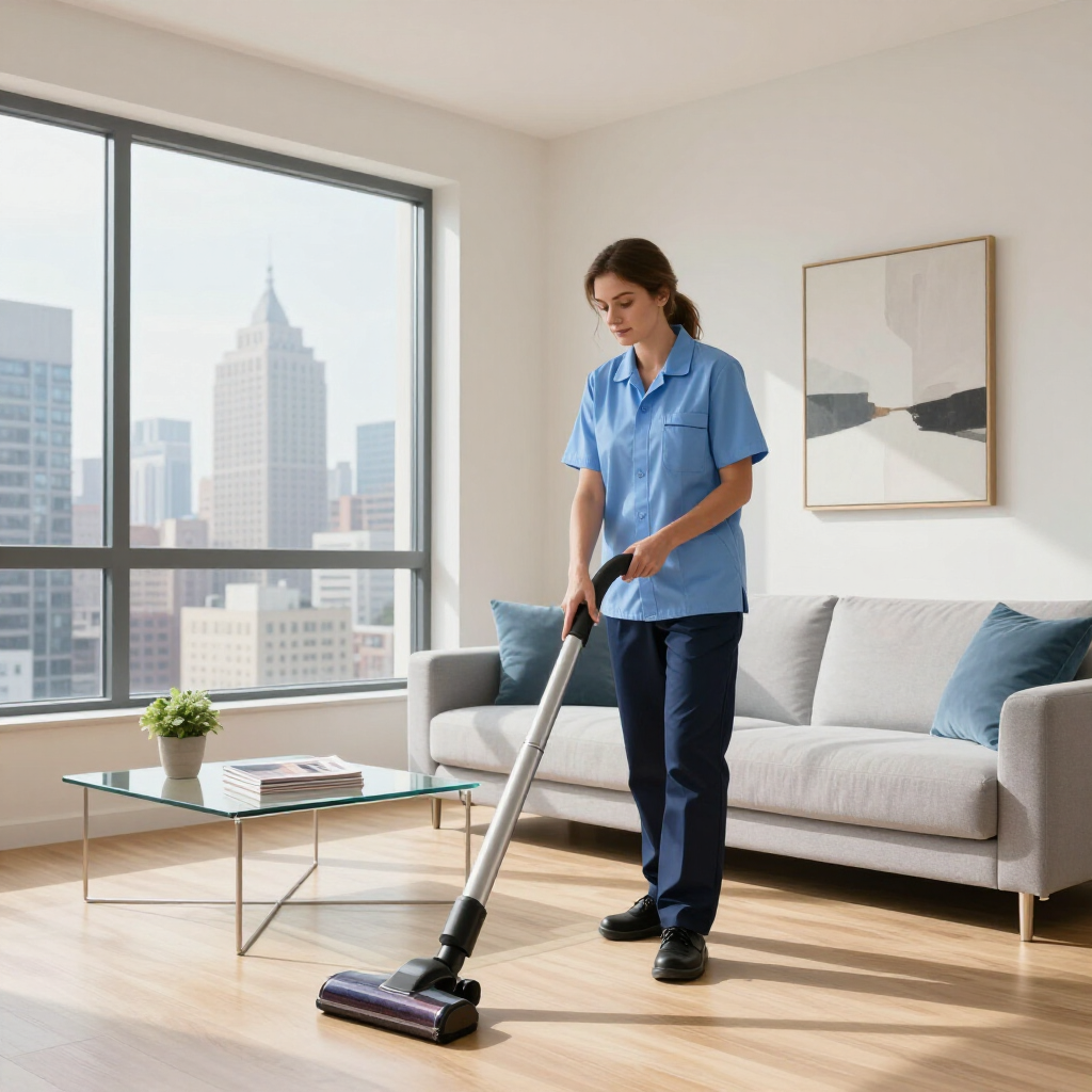 Person vacuuming a bright living room beside a gray sofa and large window.