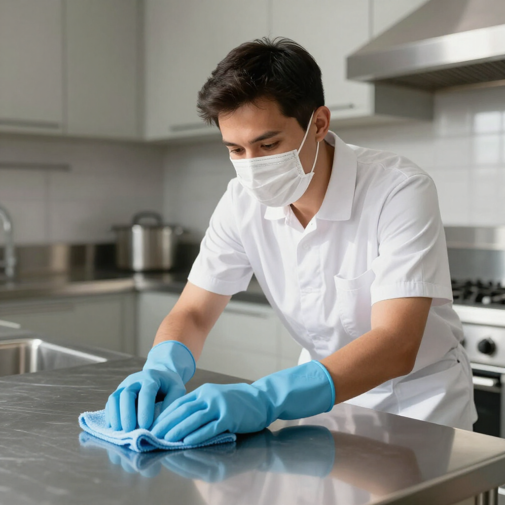 Person in a kitchen wearing a mask and blue gloves, wiping a stainless steel countertop with a cloth.