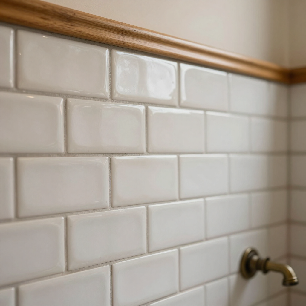White subway-tile wall with tan trim and a small brass faucet on the right
