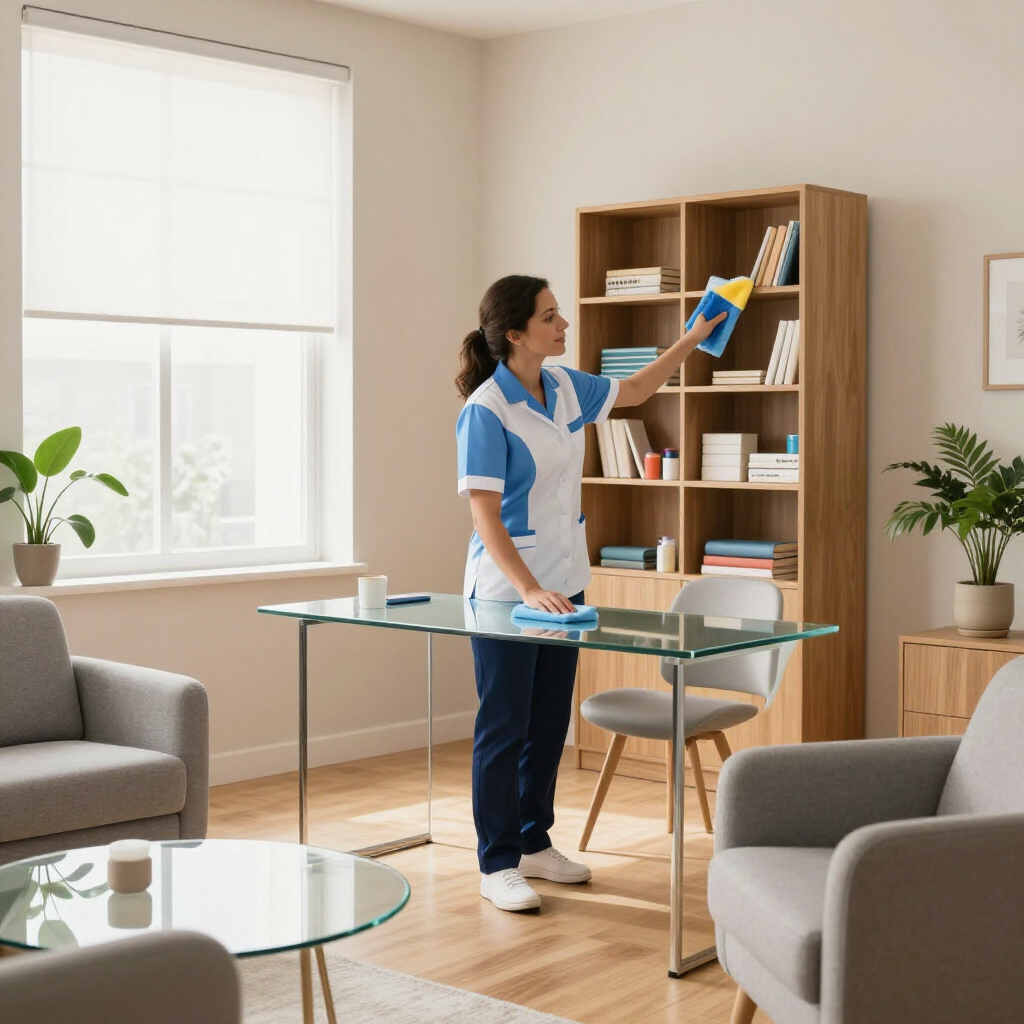 Person dusting a bookshelf in a bright living room with glass desk and chairs