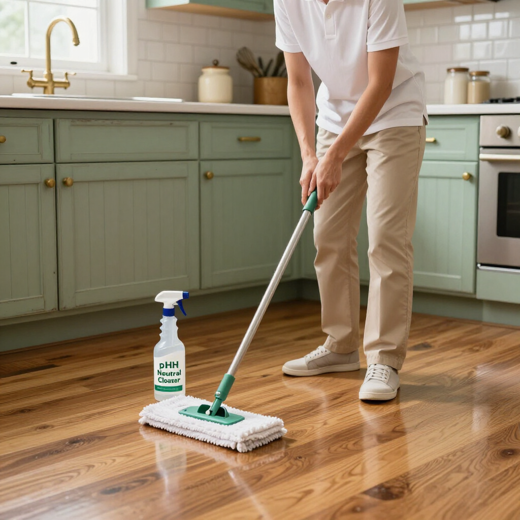 Person mopping a hardwood kitchen floor beside a spray cleaner bottle