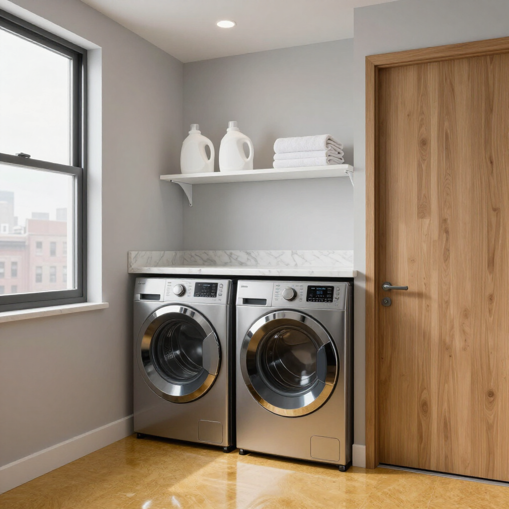 Modern laundry room with front-loading washer and dryer, shelf, window, and wooden door