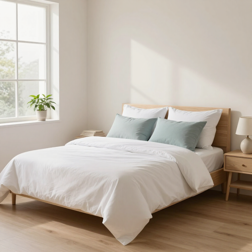Bright minimalist bedroom with a white bed, pale blue pillows, and a sunlit window with a potted plant.