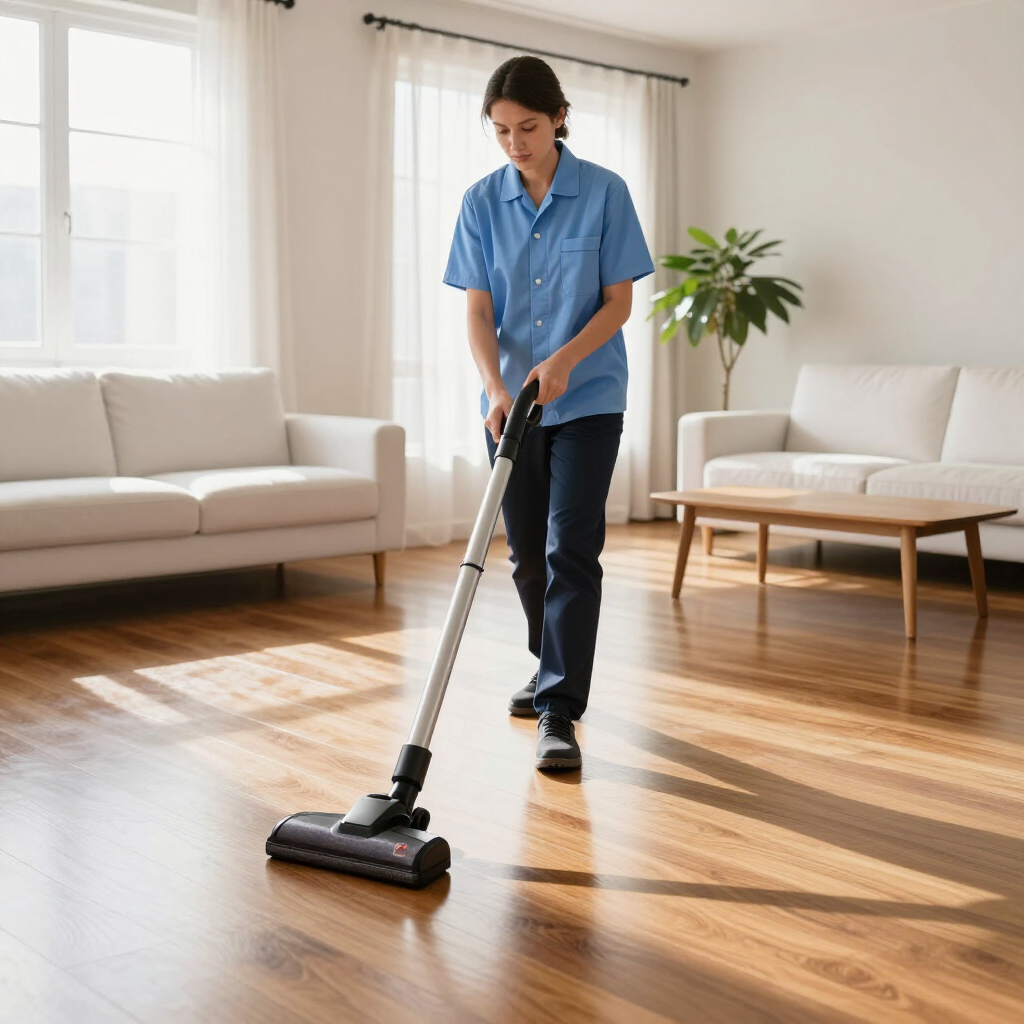 Person vacuuming a sunlit living room with hardwood floors and white furniture