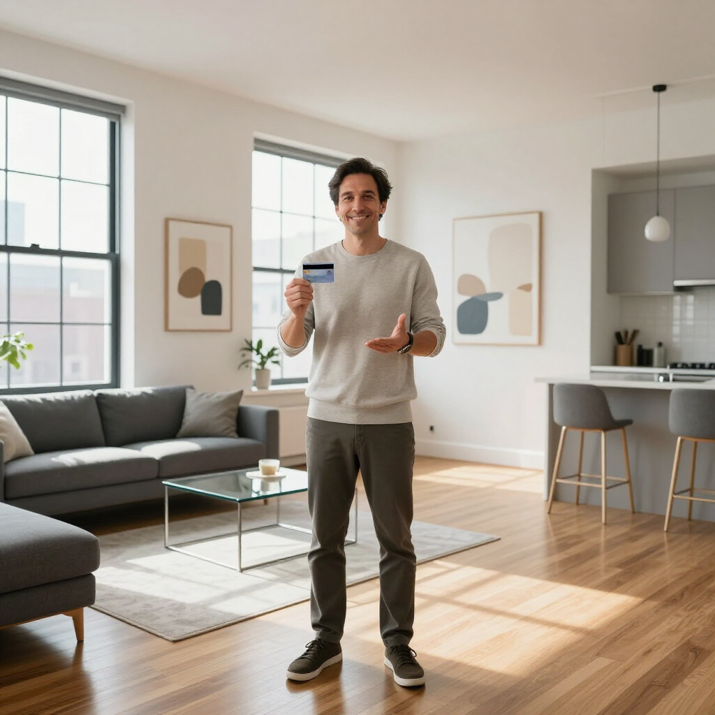 Person standing in a bright living room, holding a card and smiling, with a sofa and sunlight behind them.