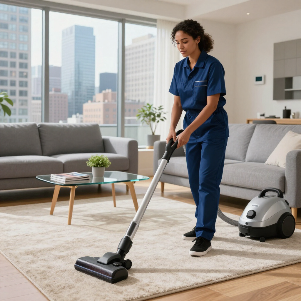 Vacuuming a light rug in a bright living room with a robot vacuum nearby