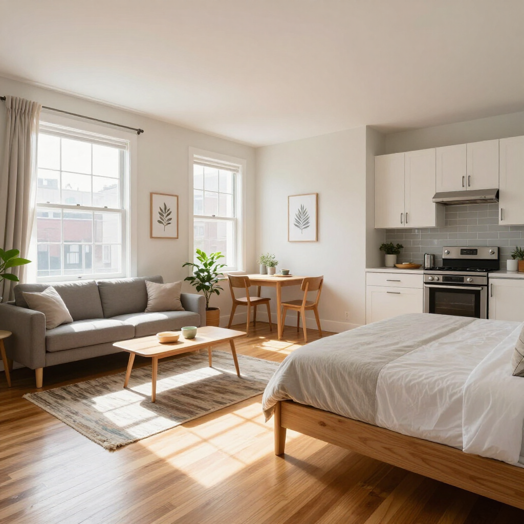 Bright studio apartment with bed, sofa, dining table, and kitchen in sunlight