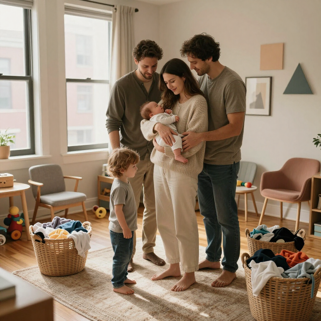 Family gathered in a bright living room, parents admiring a baby while a toddler stands nearby with toys and baskets.