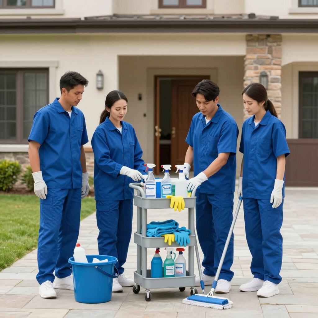 Four cleaners in blue uniforms stand around a janitor cart outside a house, preparing cleaning supplies.