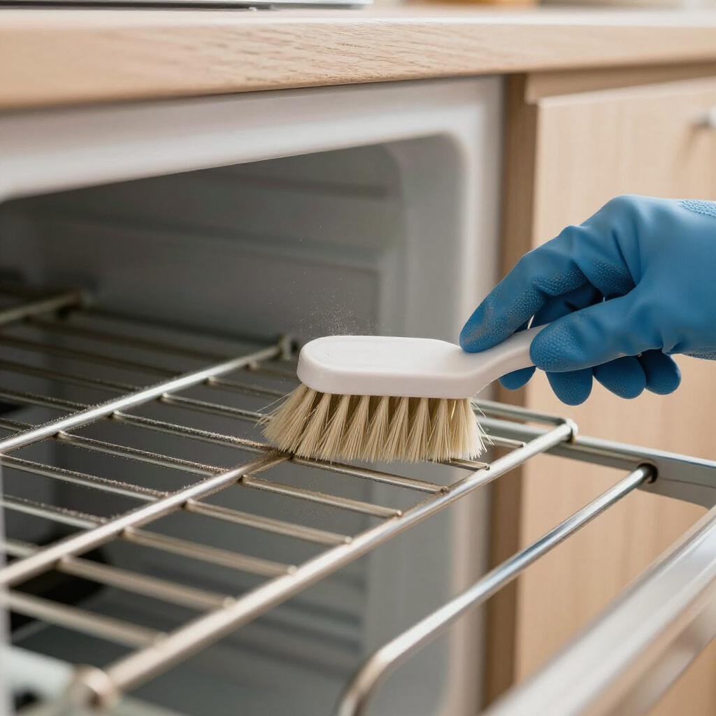 Blue-gloved hand cleaning an oven rack with a brush in a kitchen.