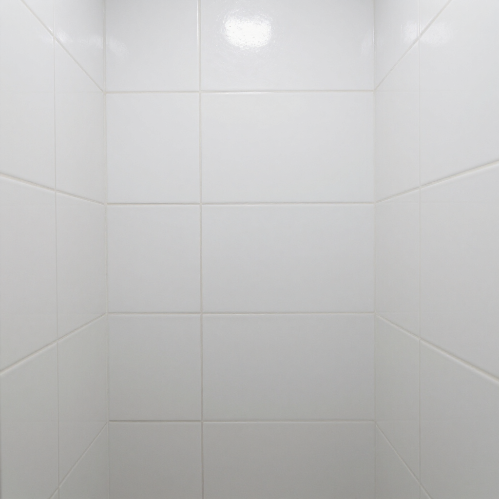 Empty white tiled shower stall with glossy walls and floor drain area
