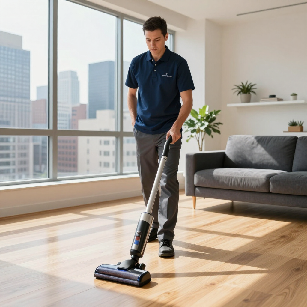 Man vacuuming a hardwood living room floor beside a gray sofa and large city windows