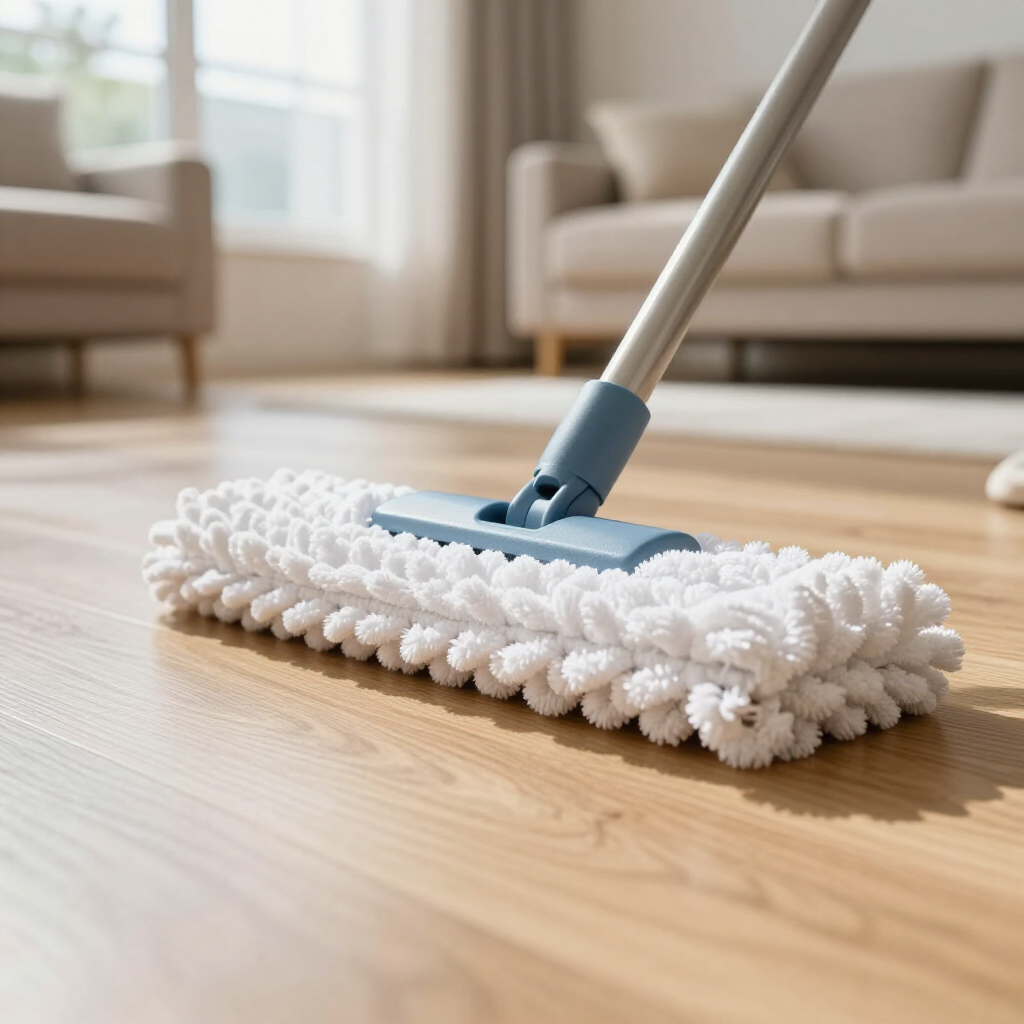 White mop on a hardwood floor in a bright living room