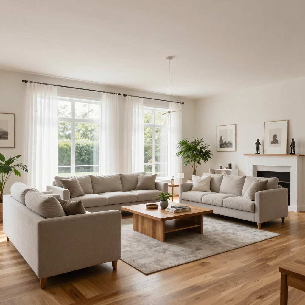Bright living room with two beige sofas, wooden coffee table, large windows, and a fireplace