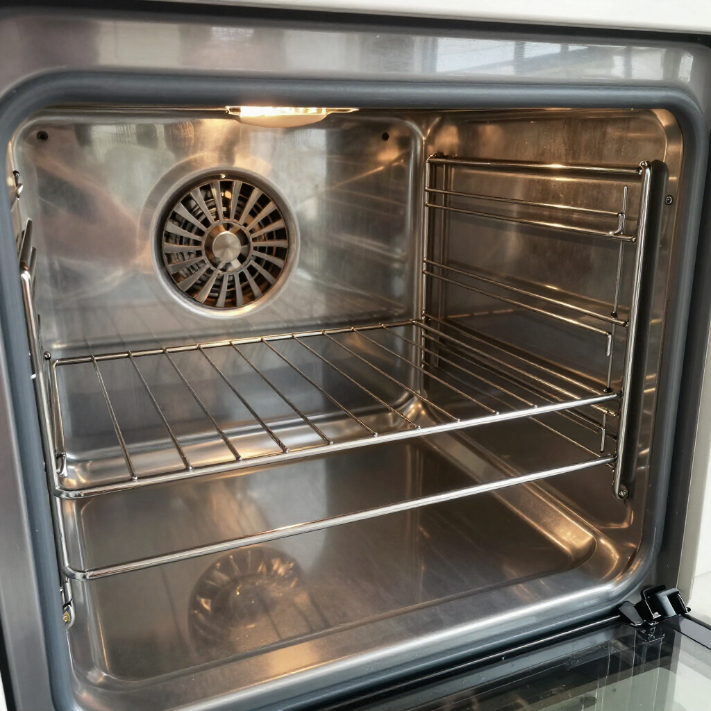 Stainless steel oven interior with empty wire racks and a back fan.