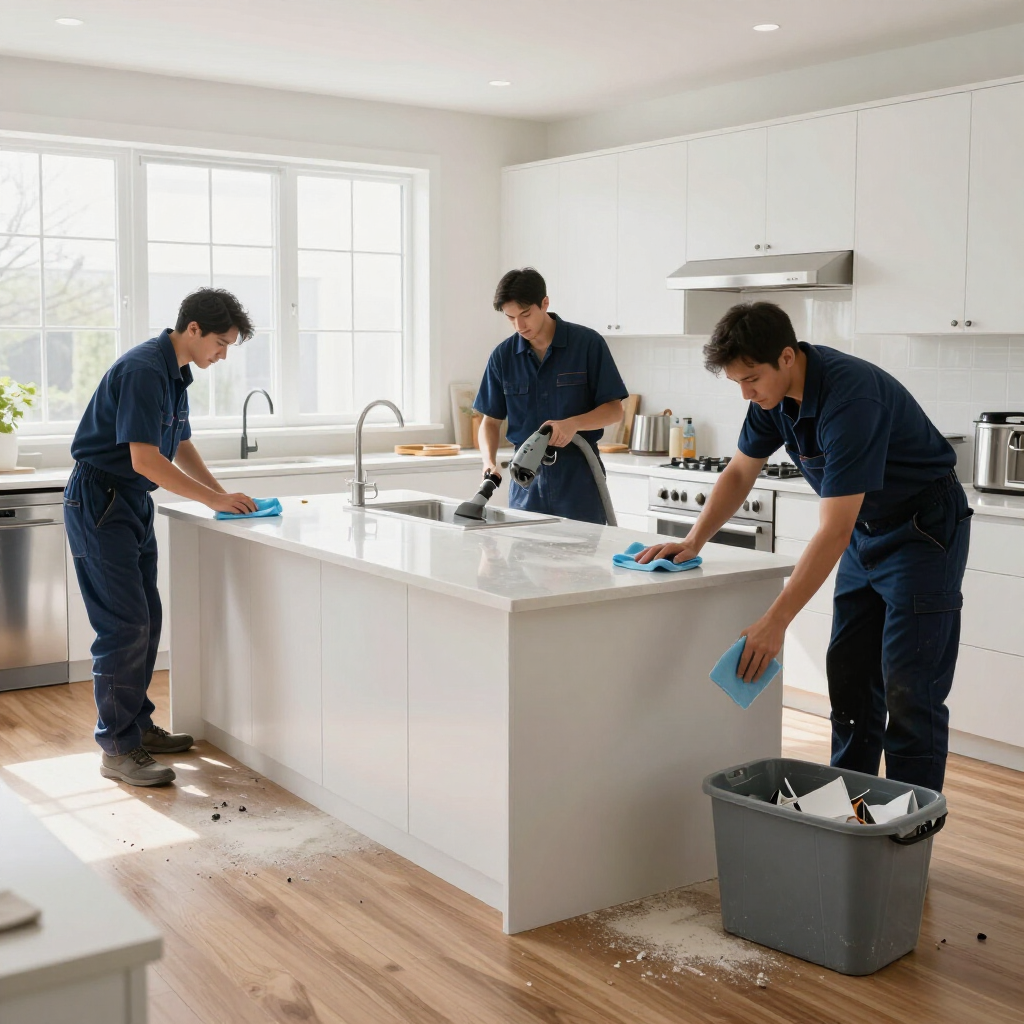 Three workers cleaning a bright white kitchen with blue cloths and a gray bucket