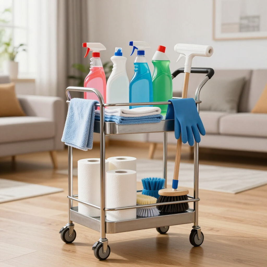 Cleaning cart with spray bottles, gloves, towels, brushes, and paper towels in a bright living room.