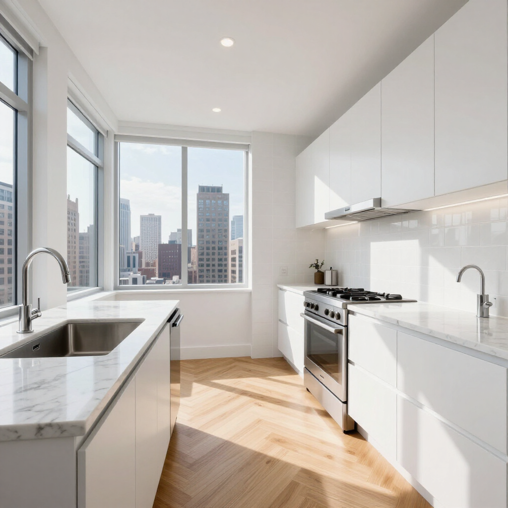Bright modern kitchen with white cabinets, marble countertops, and city views through large windows