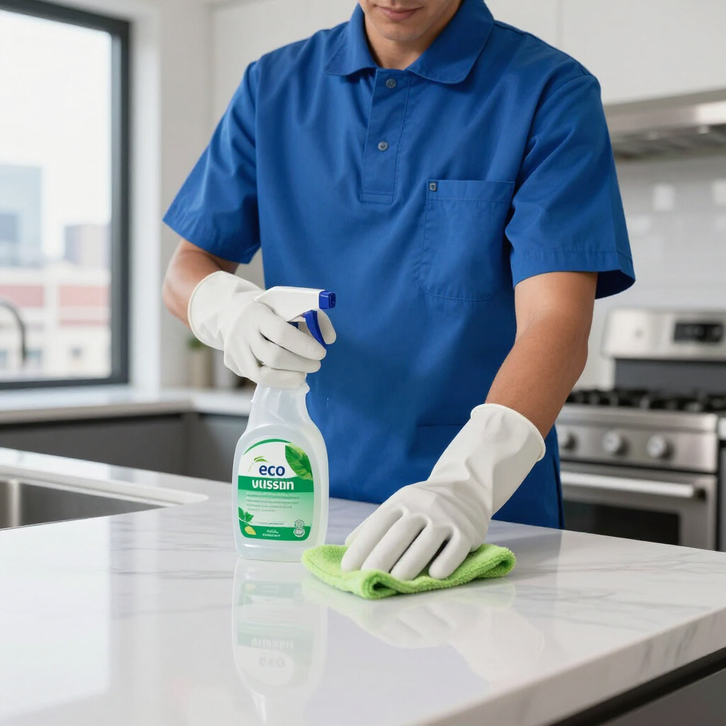 Worker in blue shirt cleaning a white countertop with spray bottle and green cloth in a bright kitchen