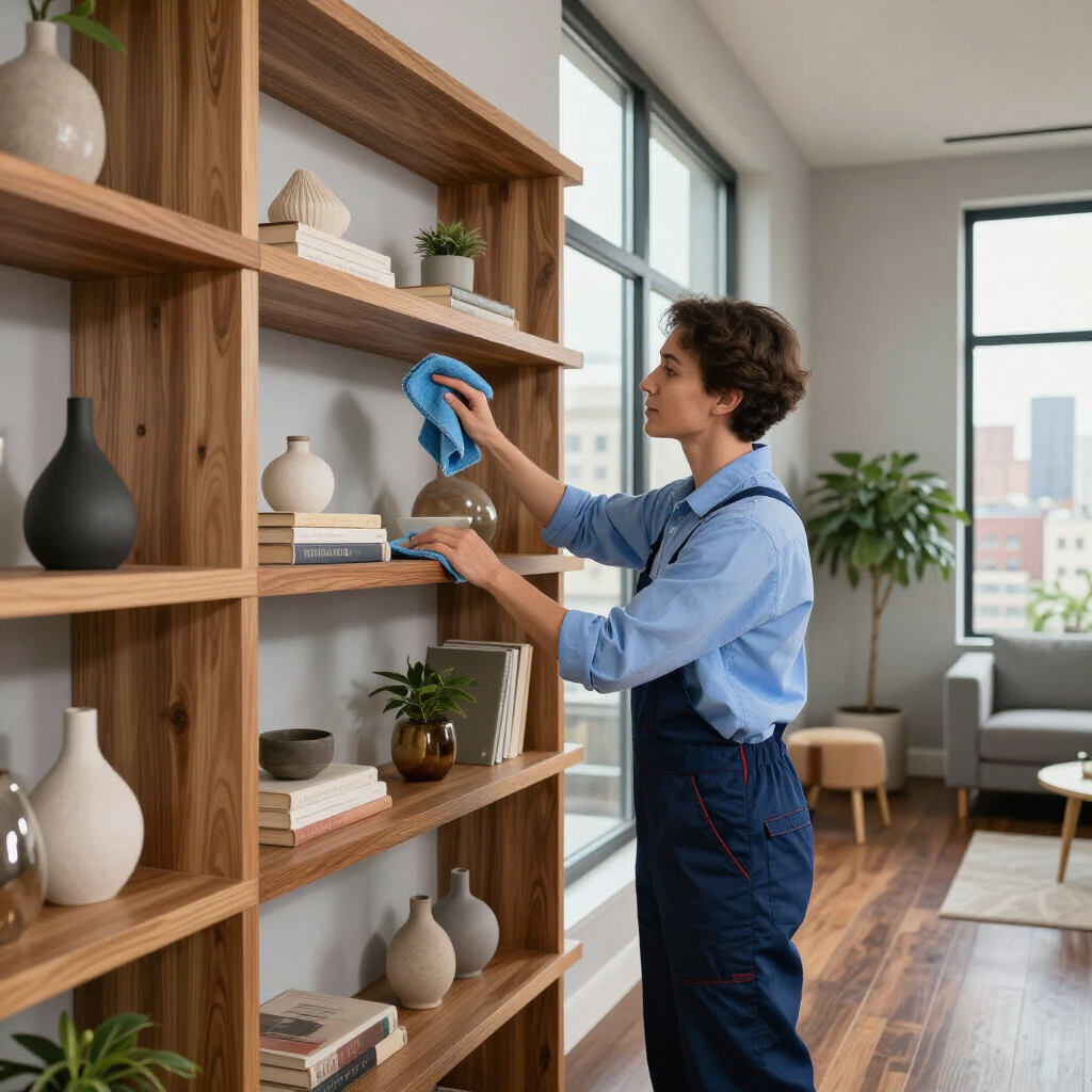 Person dusting wooden shelves in a bright living room with plants and large windows