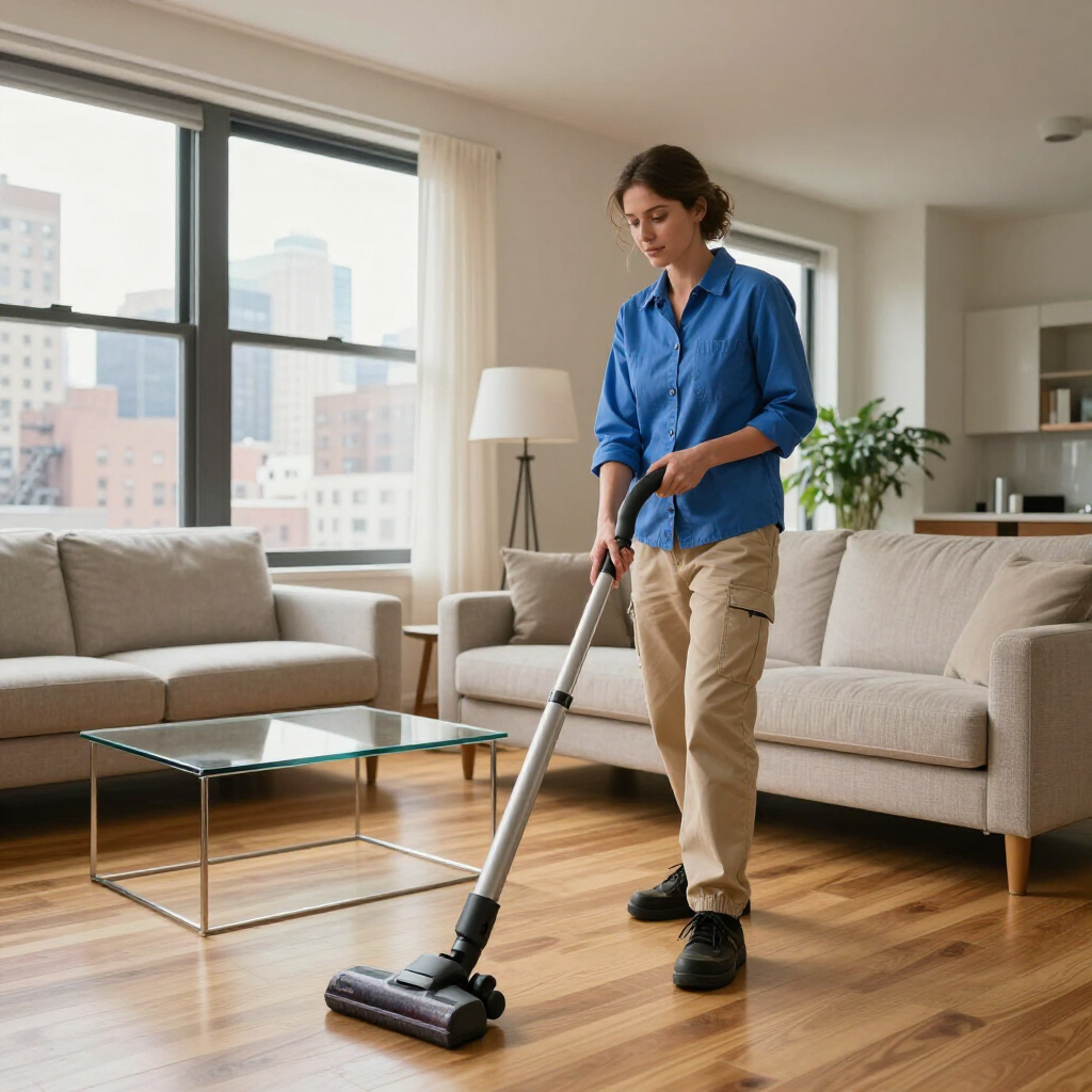 Person vacuuming a bright living room with beige sofas and large windows