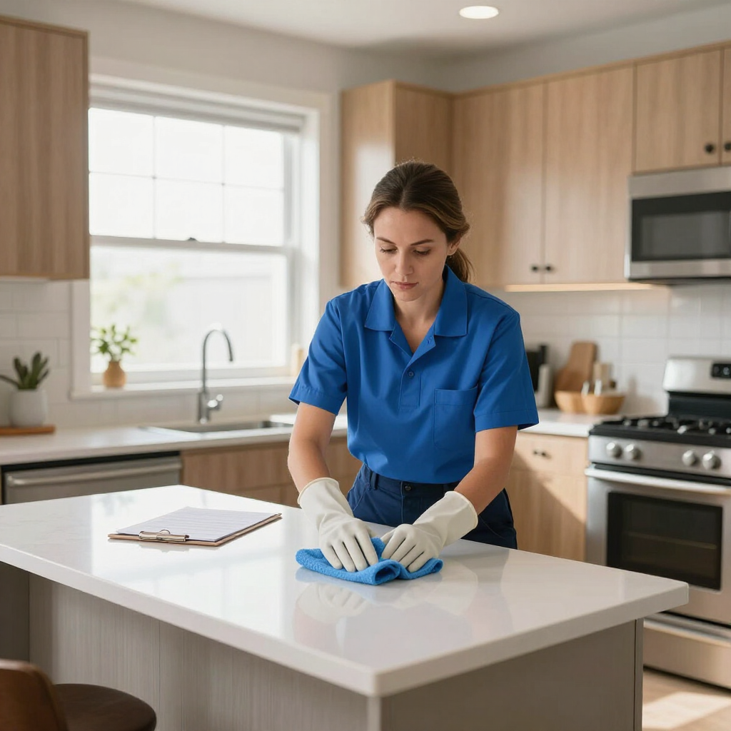Person in blue shirt cleaning a kitchen counter with a cloth and spray bottle
