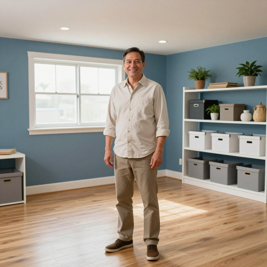 Man standing in a bright blue room with a window, shelves, and wooden floor, smiling at the camera