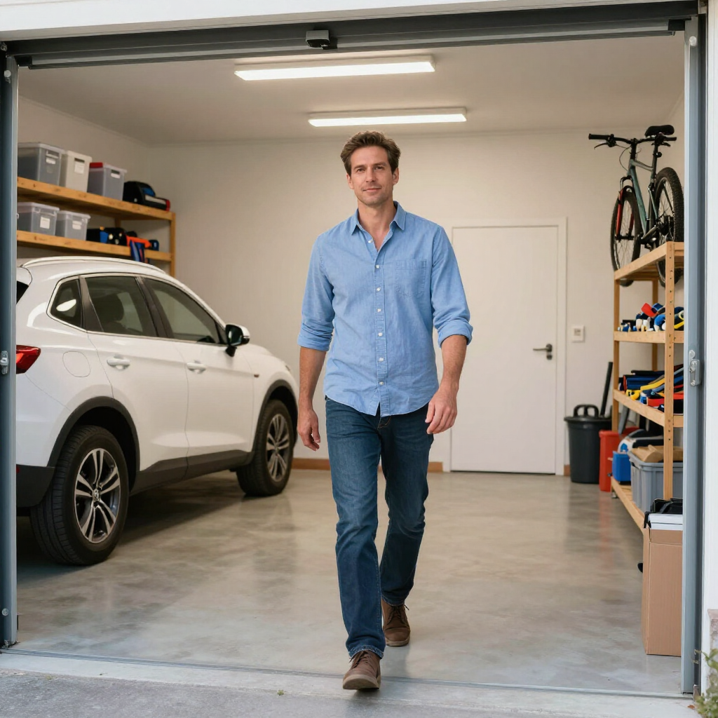 Man walking in a garage beside a white SUV, with shelves, tools, and a bicycle overhead.