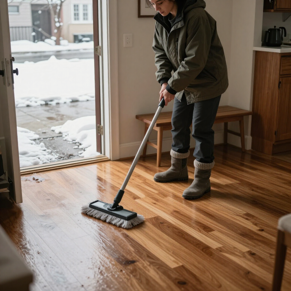 Person mops a wet hardwood floor near an open door with snow outside.