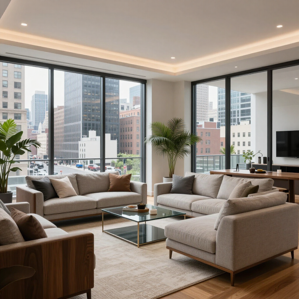 Modern living room with beige sofas, glass coffee table, and city views through large windows